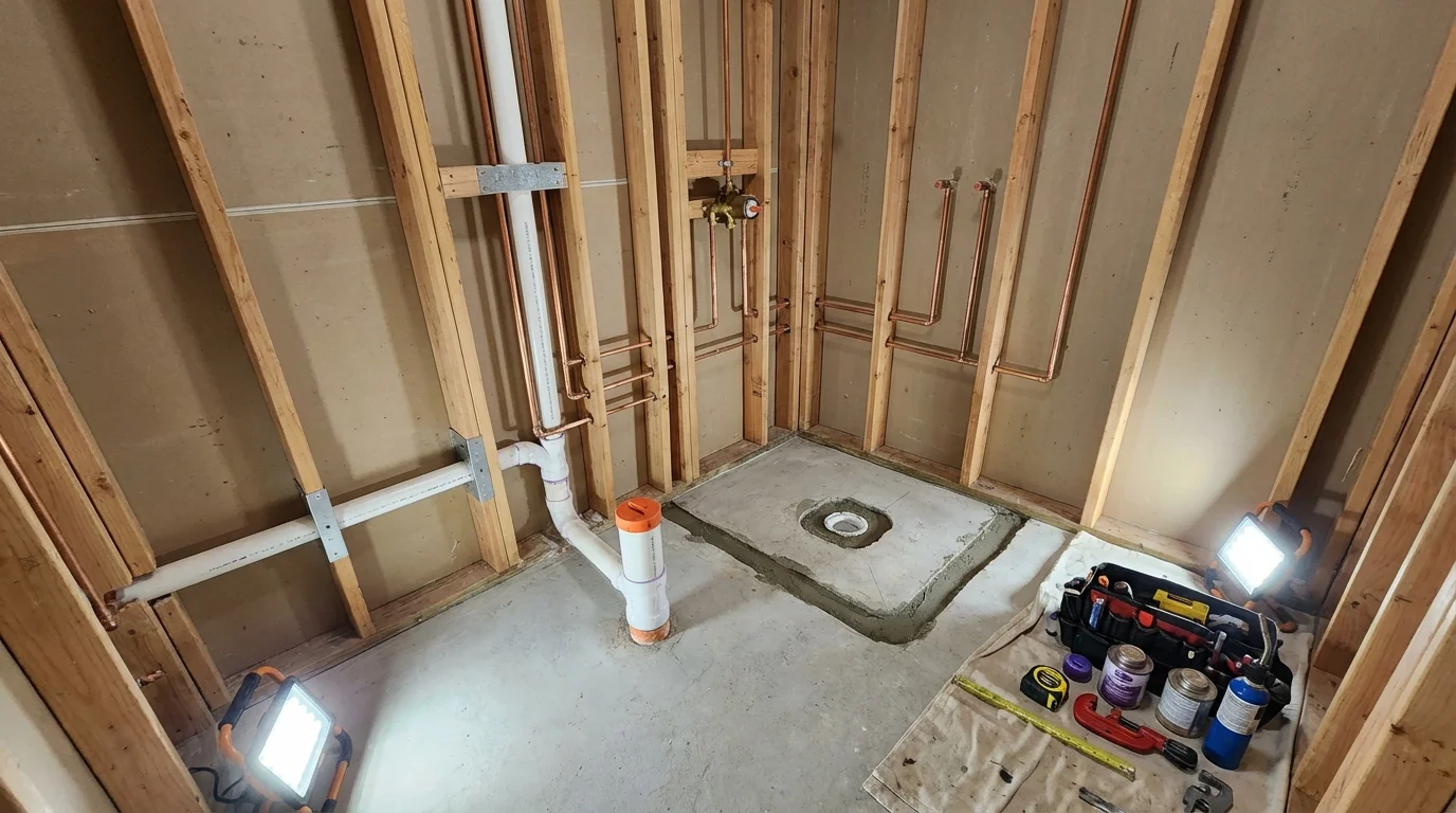 Bathroom rough-in plumbing during remodel by Johns Plumbing LLC in Chesaning