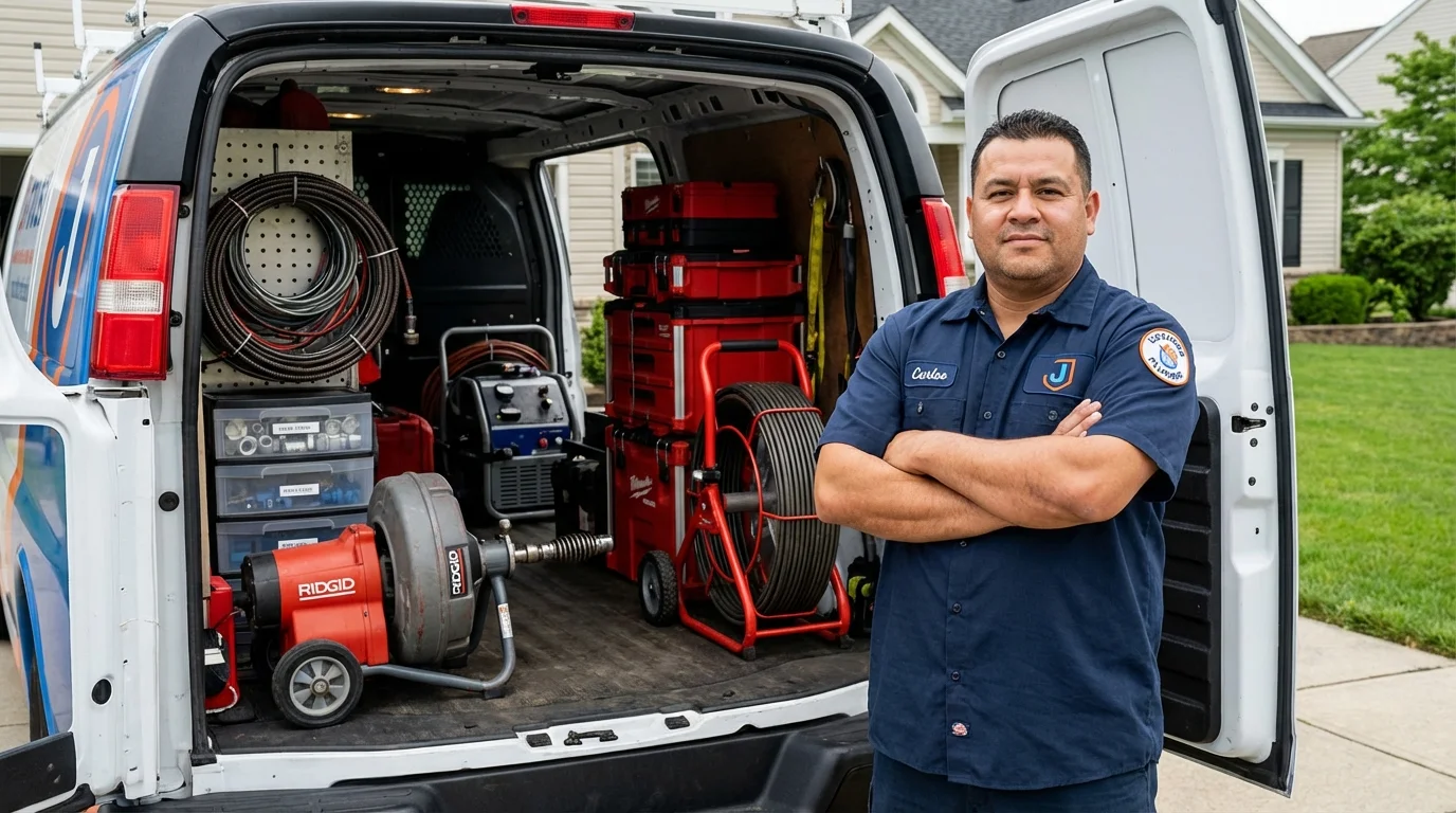 Professional drain cleaning equipment and Johns Plumbing LLC plumber in Chesaning