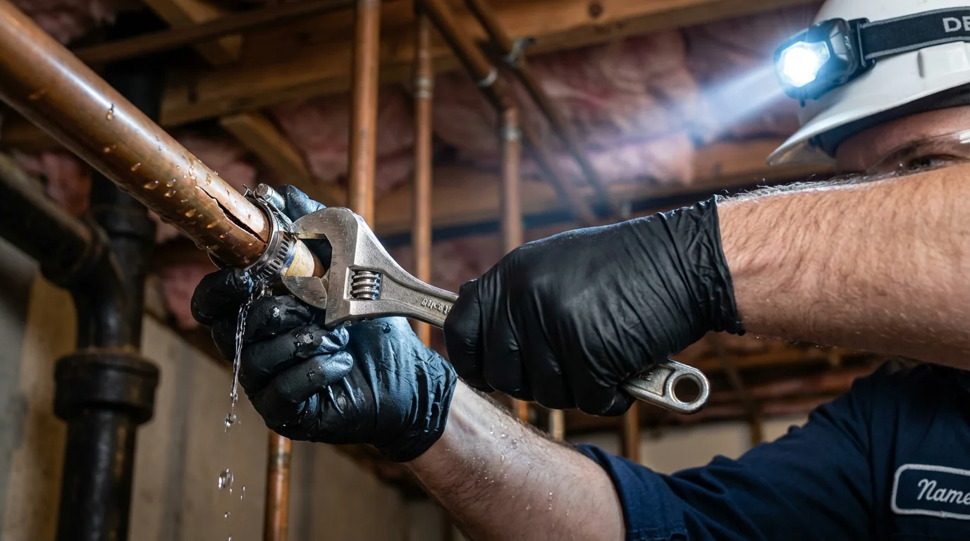 Emergency pipe clamp repair being performed by a Johns Plumbing LLC plumber in Chesaning