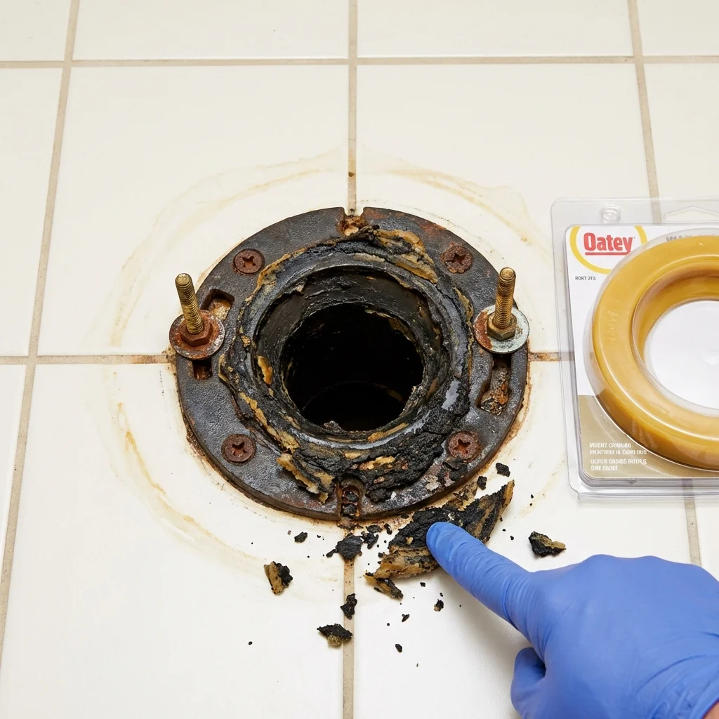 Failed wax ring showing water seepage at the base of a toilet in a Chesaning, MI home