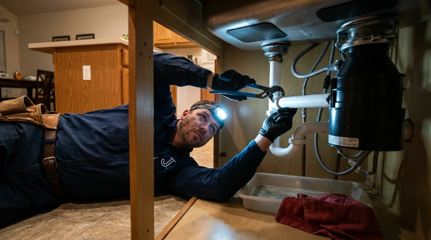 P-trap and supply line connections under a kitchen sink showing a common leak point in Chesaning, MI